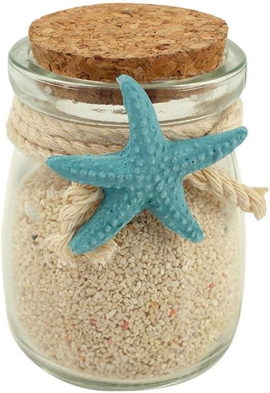 Beach Glass Jar with Starfish Accent-Miniature Jar with Sand and Sea Shell Decoration-Beach Theme for Bathroom, Coastal House Decor-Wedding, Special Occasion, Celebration